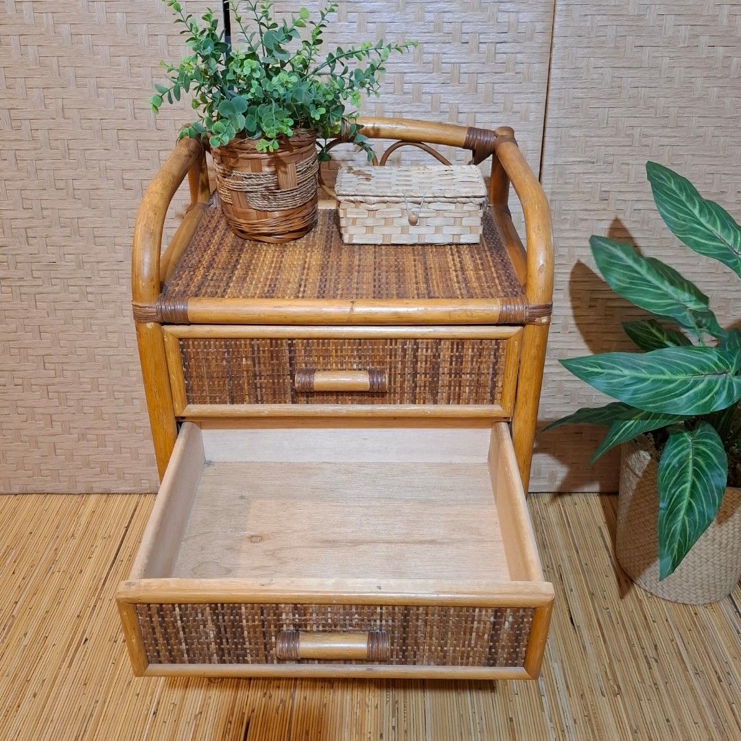 Vintage Old solid wood rattan drawer side table night stand bedside drawer boho farmhouse (Category: Shelves, Cabinets & Racks) located in Dasmarinas. Submitted by millennialmeetsvintage (Listing ID 1414680146, Image 3). Description: H 72 x L 47 x W 36 cm solid wood drawers and frame vintage item, pls manage your expectations selling low flaw on last 3 photos last price posted 🌍ships from DASMA, CAVITE 🚚 shipping via Lalamove only ❌no reservati