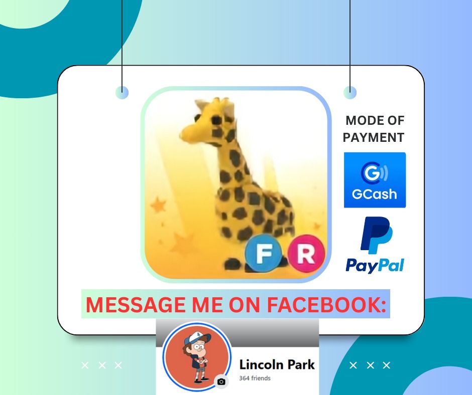 ADOPT ME | FLY RIDE FR GIRAFFE | ROBLOX (Category: In-Game Products) located in Manila. Submitted by lincolnadoptme (Listing ID 1414918933, Image 1). Description: STRICTLY PAYMENT FIRST. WILLING TO MEET IN GAME. NO RESERVATION. OPEN FOR PRE-ORDERS MODE OF PAYMENT: GCASH/BANK TRANSFER/PAYPAL .