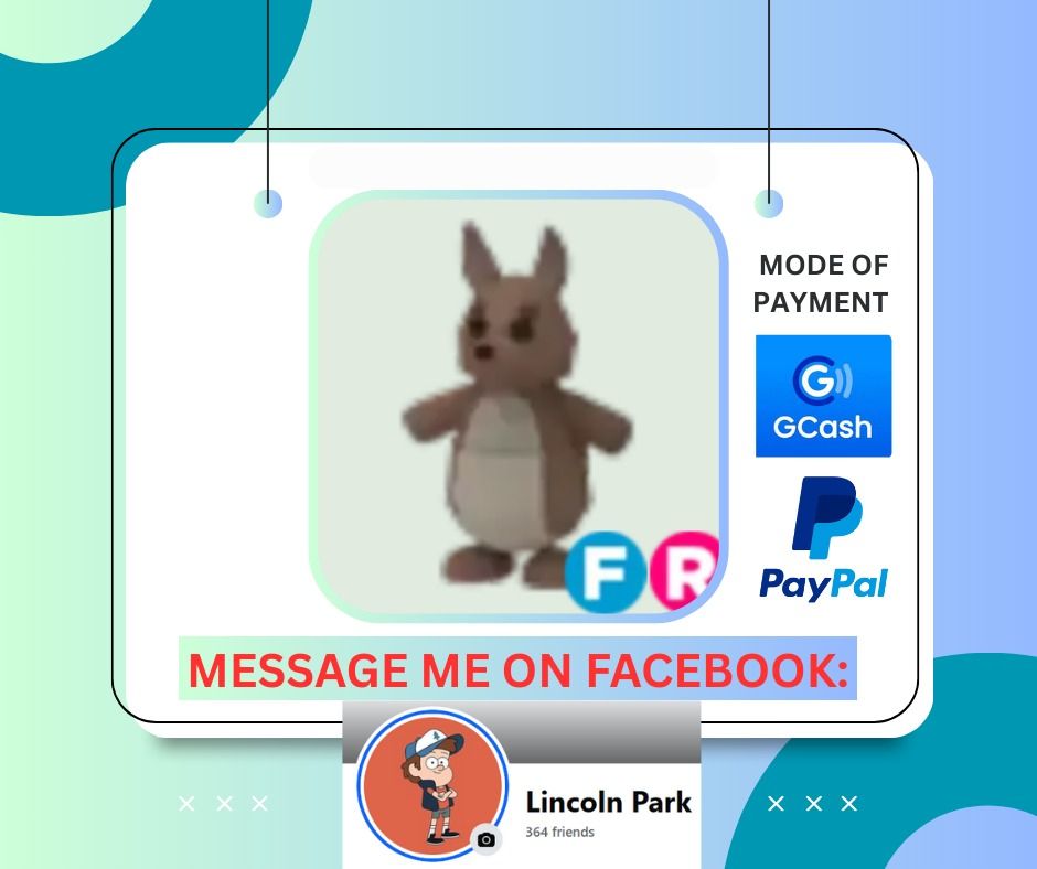 ADOPT ME | FLY RIDE FR KANGAROO | ROBLOX (Category: In-Game Products) located in Manila. Submitted by lincolnadoptme (Listing ID 1414921830, Image 1). Description: STRICTLY PAYMENT FIRST. WILLING TO MEET IN GAME. NO RESERVATION. OPEN FOR PRE-ORDERS MODE OF PAYMENT: GCASH/BANK TRANSFER/PAYPAL .