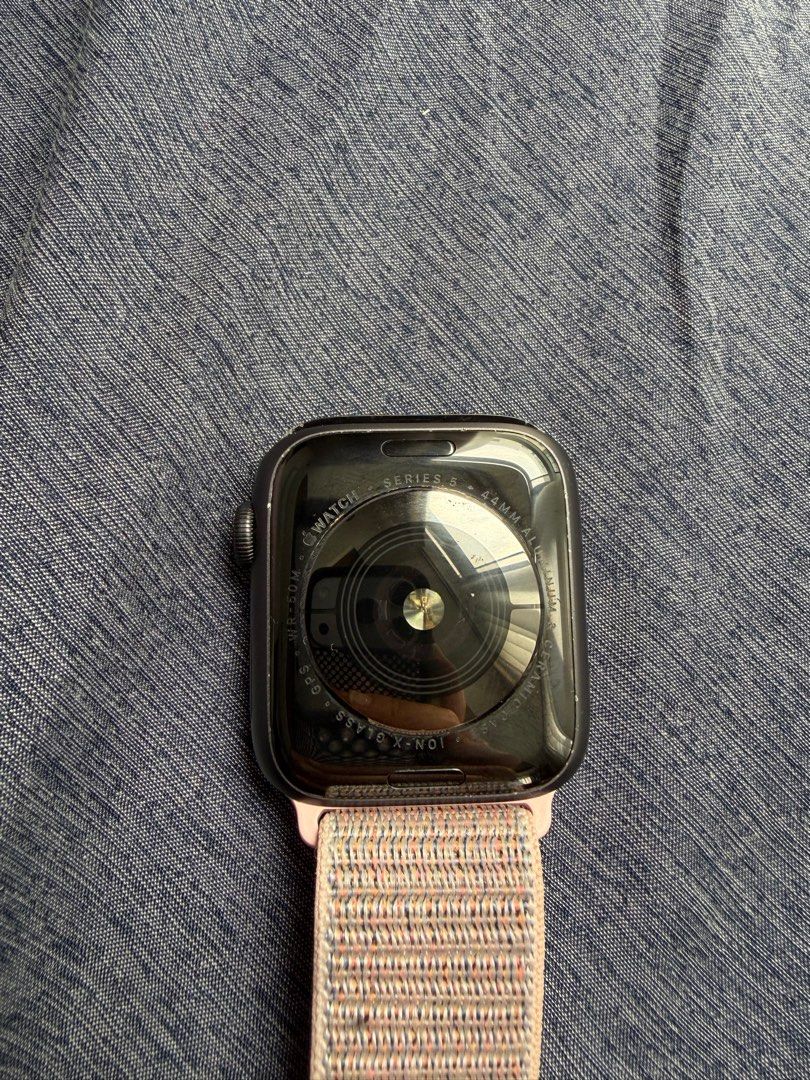 Apple Watch Series 5 44mm with Bands (Category: Wearables & Smart Watches) located in Pasay City. Submitted by prettystudio (Listing ID 1414868106, Image 2). Description: Apple Watch Series 5 44mm Includes 3 bracelets: a pink sport loop band, Beige leather magnetic band, Apple Slate Link Bracelet No box and charger.