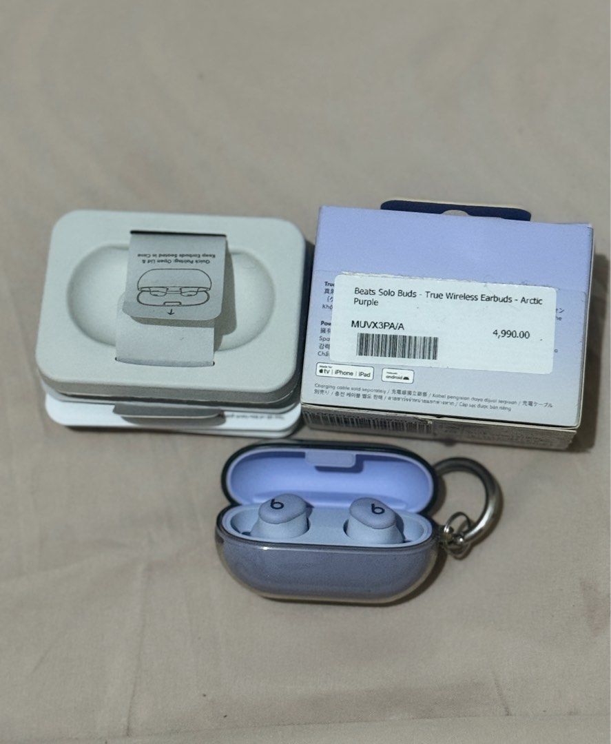 Beats Solo Buds – Arctic Purple (Category: Earphones) located in Abucay. Submitted by dclutterwithzee (Listing ID 1414830019, Image 1). Description: • Complete with original box • Includes replacement ear tips • Inclusion: transparent case • Original price: ₱4,990 • Barely used • Very good condition RFS: Bought a new pair of AirPods, no longer needed 💰 Selling for ₱2,000 only .