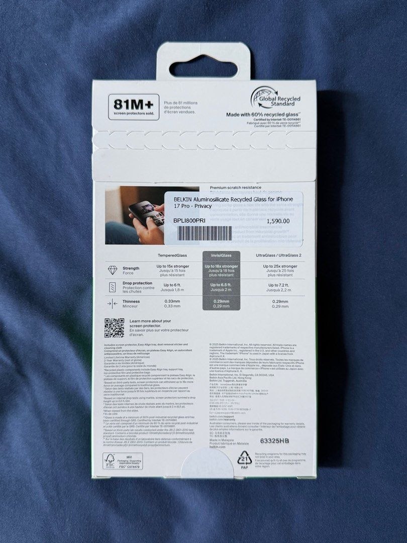 Iphone 17 Pro Belkin ScreenForce InvisiGlass Privacy Screen Protector (Category: Other Mobile & Gadget Accessories) located in Manila. Submitted by lrpaul720 (Listing ID 1414915308, Image 2). Description: Got from PowerMac Brand new, unopened .