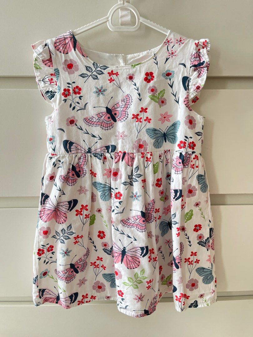 Butterfly Print Dress (Category: Babies & Kids Fashion) located in Quezon City. Submitted by basicsandessentials (Listing ID 1414865480, Image 1). Description: Cute butterfly print dress for little girls. Features a round neckline, flutter sleeves, and a gathered waist. White with pink, blue, and green accents. Button closure at the back. 3-4years on tag Measurement (flat): Chest 12 inches Length 21 inches Shoulder 10.5 inches MOP:Bank transfer/ 