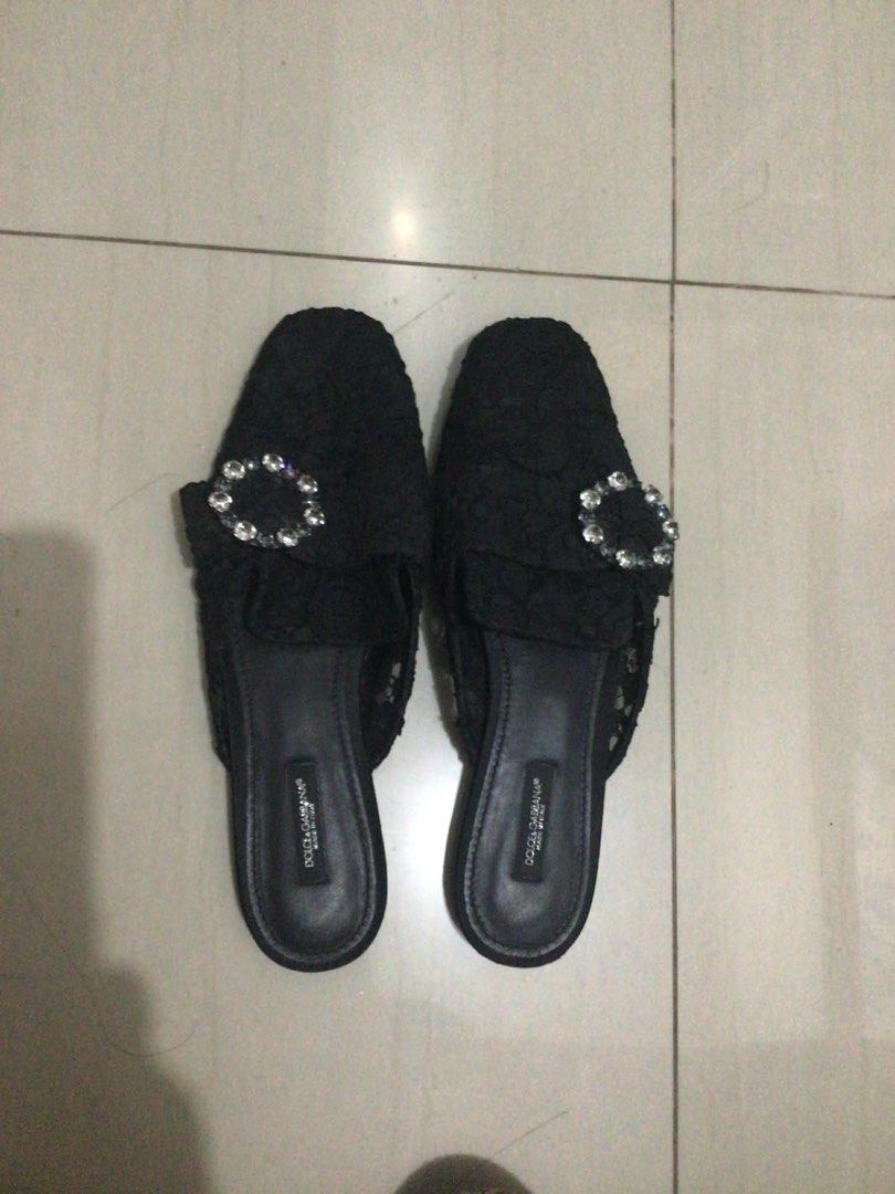 Dolce & Gabbana Black Lace Charmant Mules (Category: Sneakers & Footwear) located in Antipolo. Submitted by seobinyu (Listing ID 1415016497, Image 1). Description: - Dolce & Gabbana Lace Charmant mules - Black lace design - Crystal buckle detail - Made in Italy - Signs of wear on soles - Size 39 Price is negotiable! Send me a message ☺️.