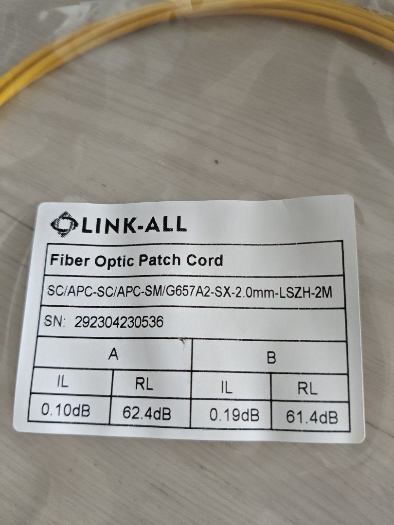 Fiber optic patch cord (Category: Networking) located in Singapore. Submitted by andrewangsg (Listing ID 1414896367, Image 2). Description: Link-All fiber optic patch cord, a type of cable capped at both ends with connectors, used to link telecommunication equipment. Connector Type: SC/APC on both ends. Fiber Mode: Single-mode (SM/G657A2). Cable Diameter: 2.0mm. Jacket Material: Low Smoke Zero Halogen (LSZH). Length: 2 meters..