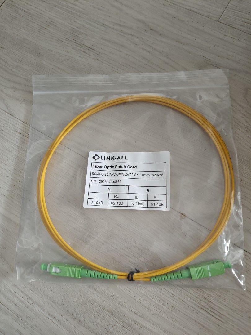 Fiber optic patch cord (Category: Networking) located in Singapore. Submitted by andrewangsg (Listing ID 1414896367, Image 1). Description: Link-All fiber optic patch cord, a type of cable capped at both ends with connectors, used to link telecommunication equipment. Connector Type: SC/APC on both ends. Fiber Mode: Single-mode (SM/G657A2). Cable Diameter: 2.0mm. Jacket Material: Low Smoke Zero Halogen (LSZH). Length: 2 meters..