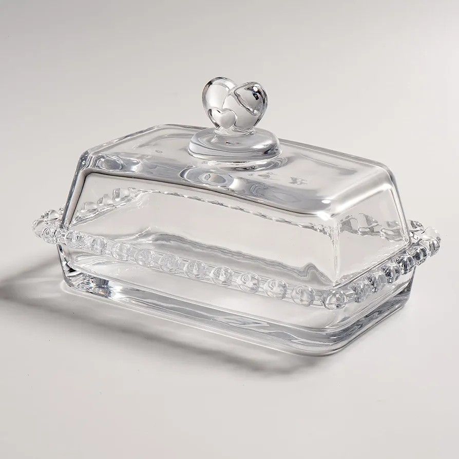 Glass Butter Dish with Handle (Category: Other Kitchenware & Tableware) located in Manila. Submitted by zestawang (Listing ID 1414852470, Image 1). Description: - Elegant glass butter dish - withhandle - Rectangular shape - Beaded base design - Clear glass for easy viewing - Perfect for serving butter - Keeps butter fresh.