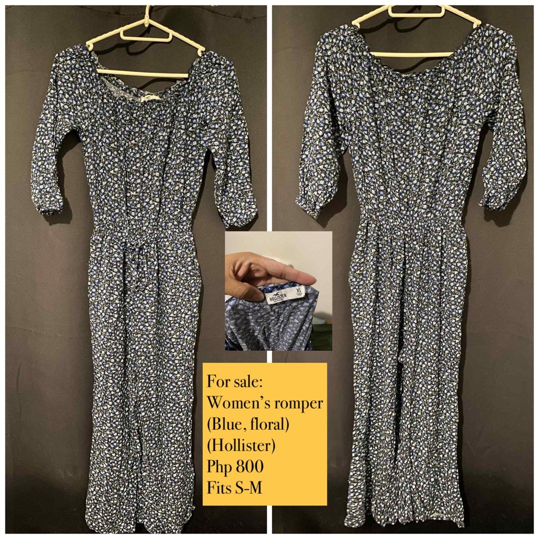Hollister Blue Floral Romper (Category: Rompers) located in Quezon City. Submitted by rarefinder_ane (Listing ID 1415007433, Image 1). Description: Pre-loved; bought in Canada - Hollister women's romper - Blue floral print - Off-the-shoulder neckline - Drawstring waist - Fits sizes S-M - Perfect for casual outings.