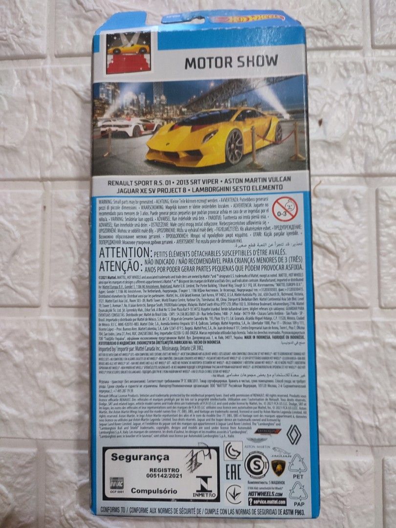 Hot Wheels Motor Show 5-Car Pack (Category: Vehicle & Diecast Models) located in Narvacan. Submitted by jigger85 (Listing ID 1414941485, Image 2). Description: - Hot Wheels Motor Show 5-Car Pack - Includes: - Renault Sport RS 01 - 2013 SRT Viper - Aston Martin Vulcan - Jaguar XE SV Project 8 - Lamborghini Sesto Elemento - All cars are in their original packaging. - Perfect for collectors and kids!.