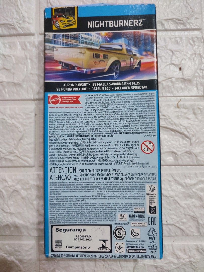Hot Wheels Nightburnerz 5-Car Pack (Category: Vehicle & Diecast Models) located in Narvacan. Submitted by jigger85 (Listing ID 1414946044, Image 2). Description: - Hot Wheels Nightburnerz 5-car pack - Includes: - Alpha Pursuit - '99 Mazda Savanna RX-7 FC3S - '98 Honda Prelude - Datsun 620 - McLaren Speedtail - All cars are in their original packaging. - Perfect for collectors and kids..