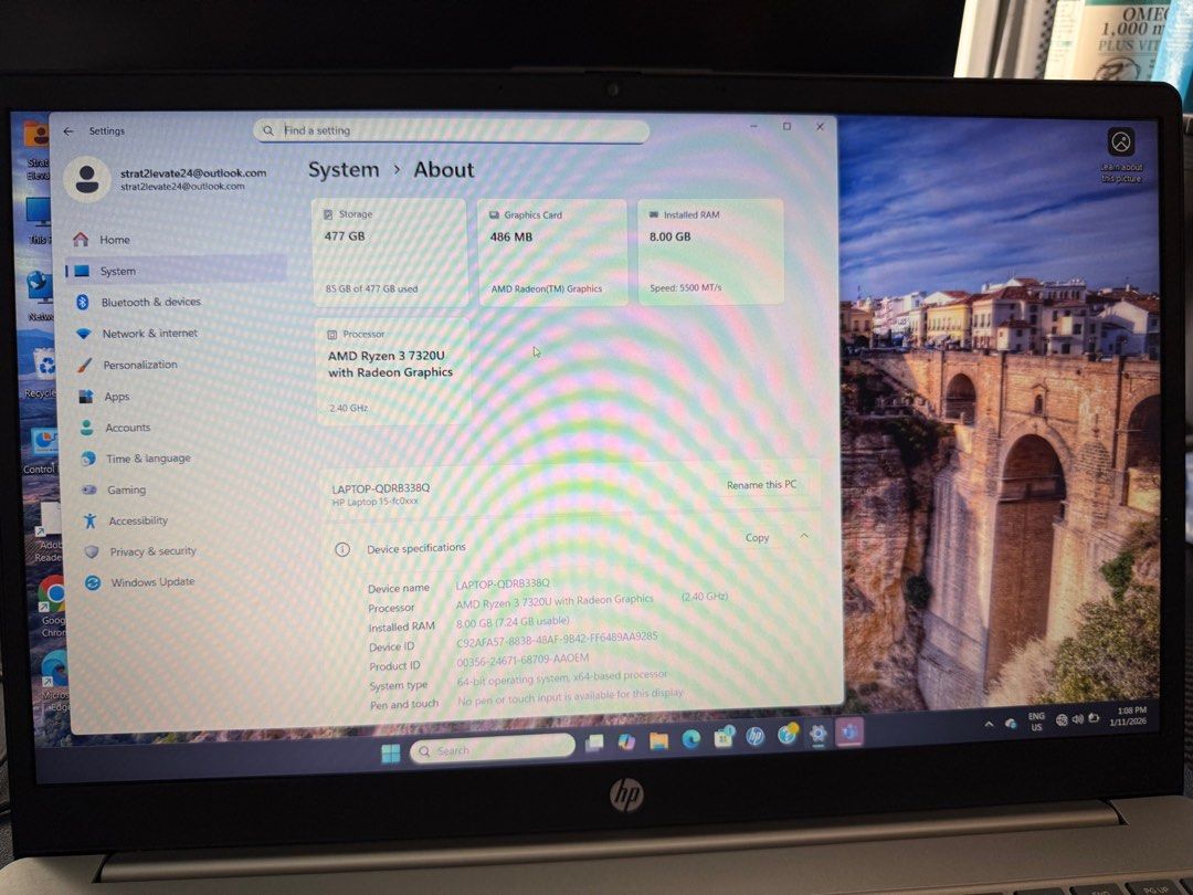HP Laptop Ryzen 3 7300 (Category: Laptops & Notebooks) located in Taguig. Submitted by seller198 (Listing ID 1414871064, Image 3). Description: HP Laptop Ryzen 3 7300 Good as new, complete with box and laptop bag. Microsoft included Bought last October 2025 LAST PRICE POSTED..
