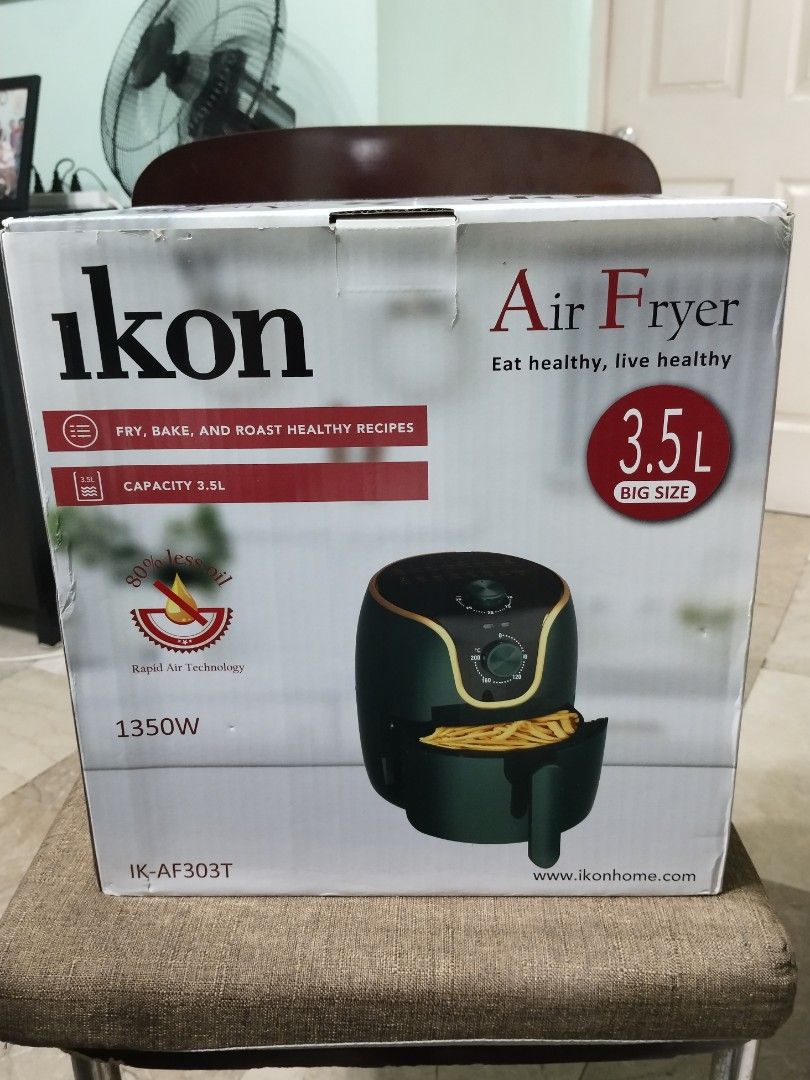 Ikon Air Fryer 3.5L (Category: Fryers) located in Quezon City. Submitted by deynali (Listing ID 1414852145, Image 1). Description: Brand-new air fryer, purchased in Saudi Arabia. Received as a gift, but we already have an air fryer at home, so this one is unused. Delivery only via GrabExpress or Lalamove. Buyer to shoulder delivery fee. --- Product Summary - Adjustable temperature control for customized cooking across various recipes - 30-minute 