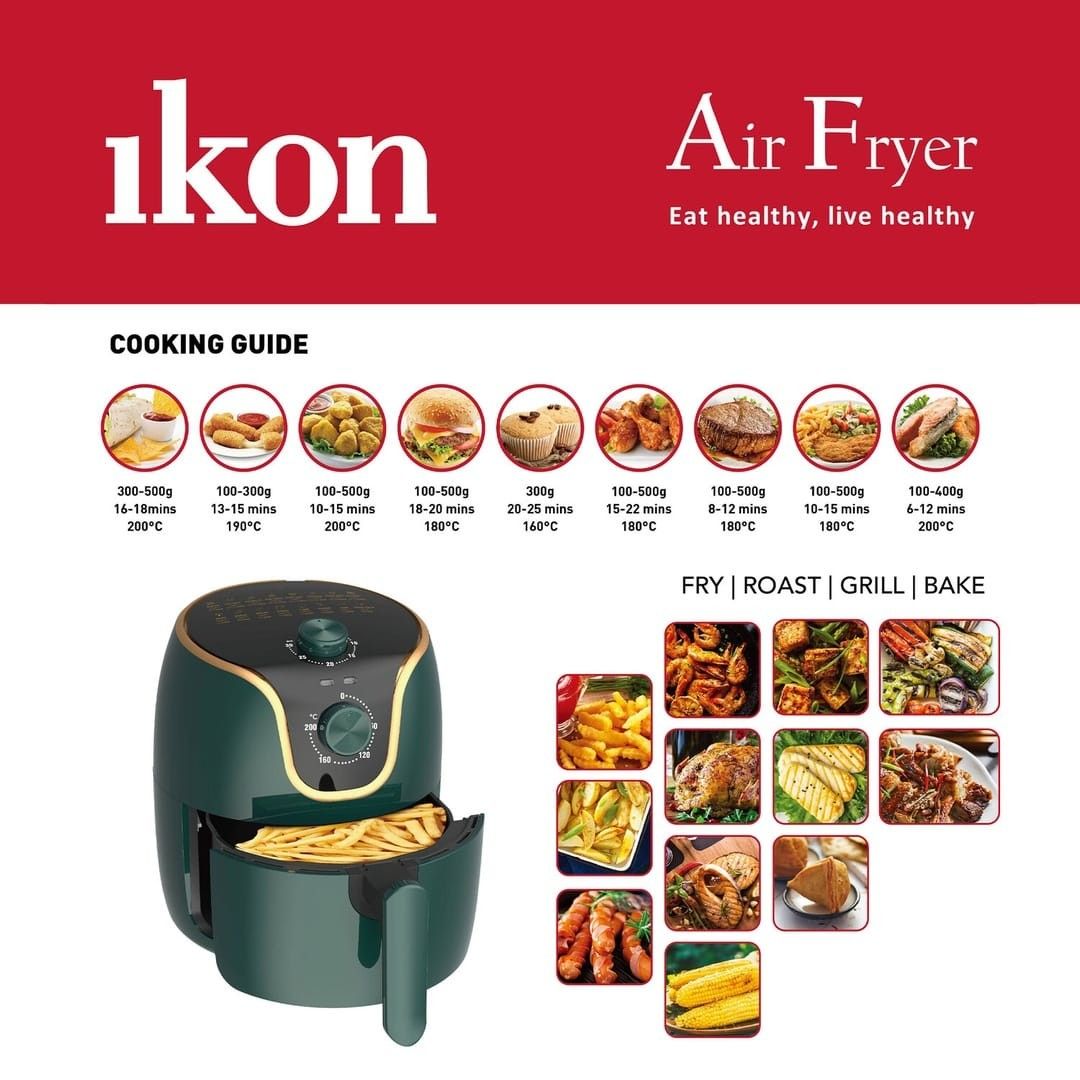 Ikon Air Fryer 3.5L (Category: Fryers) located in Quezon City. Submitted by deynali (Listing ID 1414852145, Image 3). Description: Brand-new air fryer, purchased in Saudi Arabia. Received as a gift, but we already have an air fryer at home, so this one is unused. Delivery only via GrabExpress or Lalamove. Buyer to shoulder delivery fee. --- Product Summary - Adjustable temperature control for customized cooking across various recipes - 30-minute 