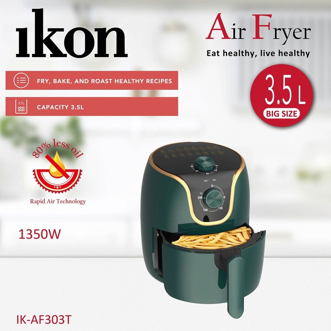 Ikon Air Fryer 3.5L (Category: Fryers) located in Quezon City. Submitted by deynali (Listing ID 1414852145, Image 2). Description: Brand-new air fryer, purchased in Saudi Arabia. Received as a gift, but we already have an air fryer at home, so this one is unused. Delivery only via GrabExpress or Lalamove. Buyer to shoulder delivery fee. --- Product Summary - Adjustable temperature control for customized cooking across various recipes - 30-minute 