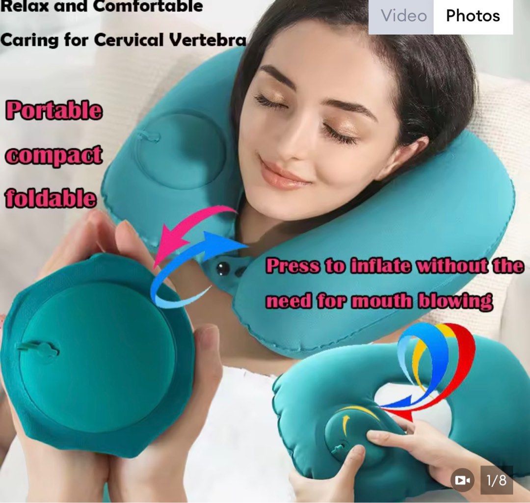 Inflatable Travel Pillow (Category: Travel Essentials & Accessories) located in Paranaque City. Submitted by tellimcloset23 (Listing ID 1414946217, Image 2). Description: - Portable and foldable design - Supports cervical vertebra - Easy to inflate (no mouth blowing needed) - Provides comfortable resting experience - Ideal for travel.