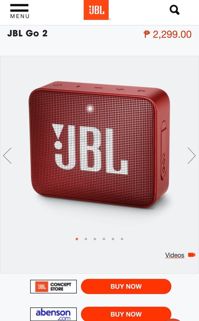 JBL Go 2 (Category: Soundbars, Speakers & Amplifiers) located in Mandaluyong City. Submitted by lucassellsss (Listing ID 1414993873, Image 2). Description: ❗️❗️❗️AUTHENTIC❗️❗️❗️ ❗❗❗BRAND NEW❗❗❗ Reason for selling: Gifted, not needed, stored Product details: Color - Red Wirelessly stream music via Bluetooth for up to 5 hours of continuous JBL quality sound Full-featured waterproof Bluetooth speaker with IPX7 waterproof design Offers crystal clear 