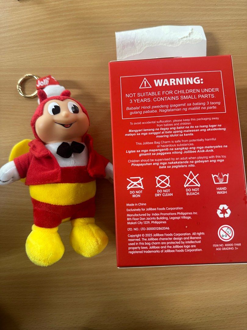 Jollibee plush charm (Category: Designer & Blind Box Toys) located in Quezon City. Submitted by littlejboutique (Listing ID 1414955197, Image 1). Description: Box opened Opened only but never used.