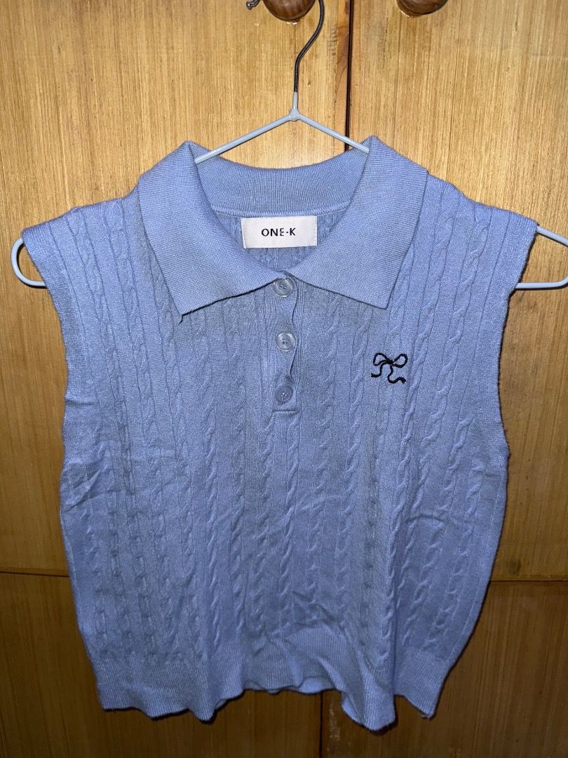 Light blue Knitted Vest Top with Ribbon design (Category: Sleeveless) located in Caloocan City. Submitted by ellads (Listing ID 1414998638, Image 1). Description: Bought in Bangkok. Worn once. RFS: declutter.