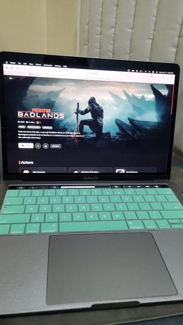 MacBook Pro 2017 Touchbar (Category: Laptops & Notebooks) located in Manila. Submitted by preloved_essentials (Listing ID 1415031744, Image 1). Description: - Silver MacBook Pro laptop - Black keyboard - Mint green keyboard cover - Includes charging adapter - See video for display details - Features four rubber feet on the bottom.