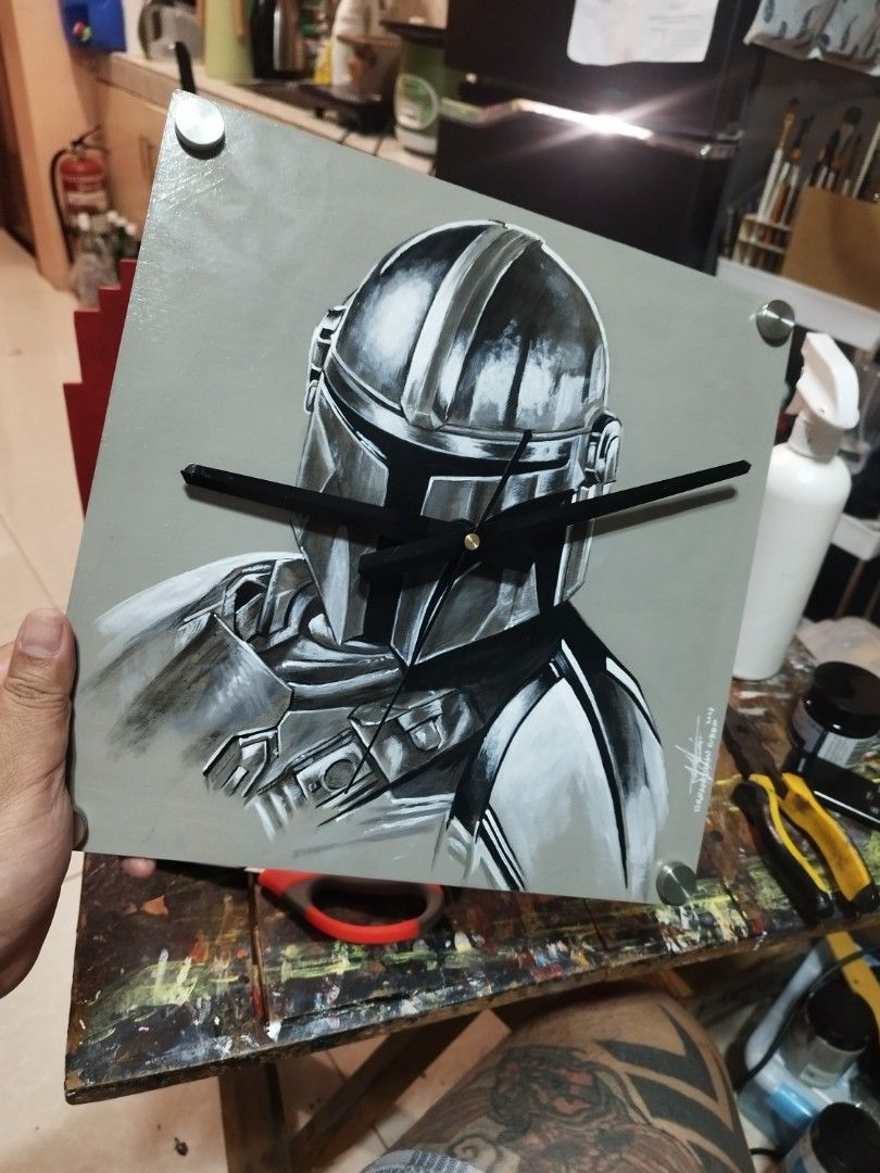mandalorian DIY wall clock star wars (Category: Wall Decor) located in Bacoor. Submitted by bigdaddy1027 (Listing ID 1415033605, Image 3). Description: DIY custom Hand Painted artwork on wood Wall clock 12x12 inches.
