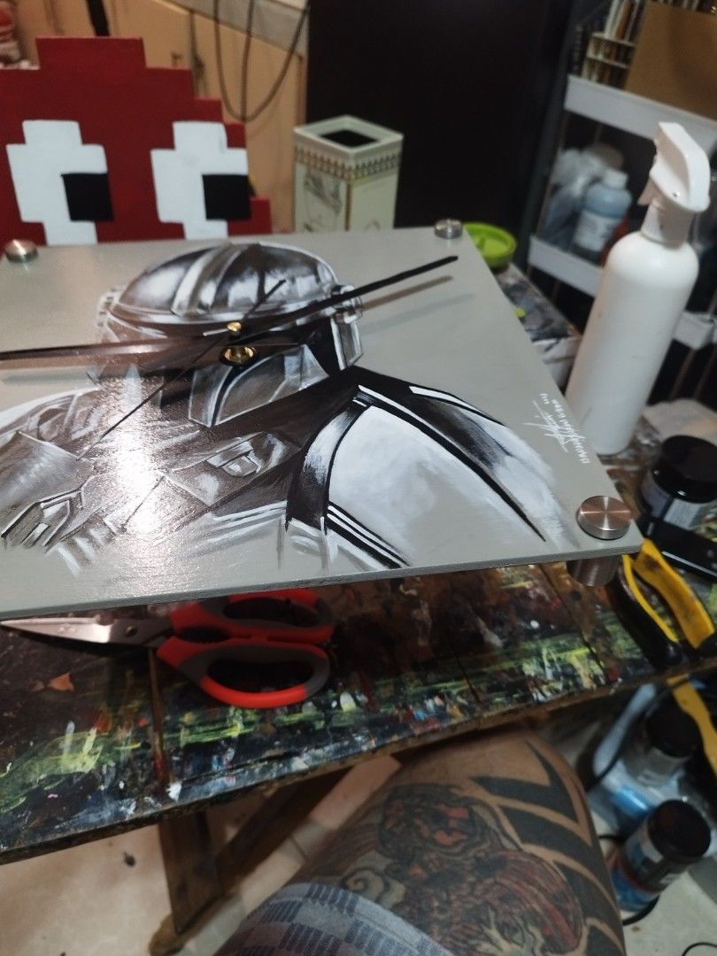 mandalorian DIY wall clock star wars (Category: Wall Decor) located in Bacoor. Submitted by bigdaddy1027 (Listing ID 1415033605, Image 2). Description: DIY custom Hand Painted artwork on wood Wall clock 12x12 inches.