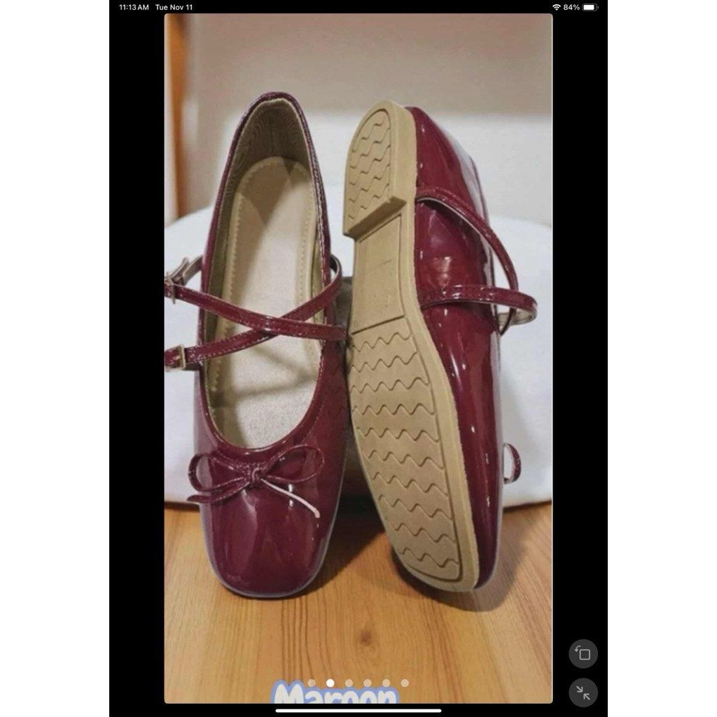 Maroon Mary Jane Flats - Double Strap with Ribbon (Category: Flats & Sandals) located in Batangas. Submitted by jckdrz (Listing ID 1414978464, Image 2). Description: - Maroon Mary Jane flats - Glossy finish - Bow detail - Two buckle straps - Light brown sole - Size 10 - Outsole: 25.5 - Fits foot length: 25cm RFS: Too big on me, will buy smaller size. Brand new! .