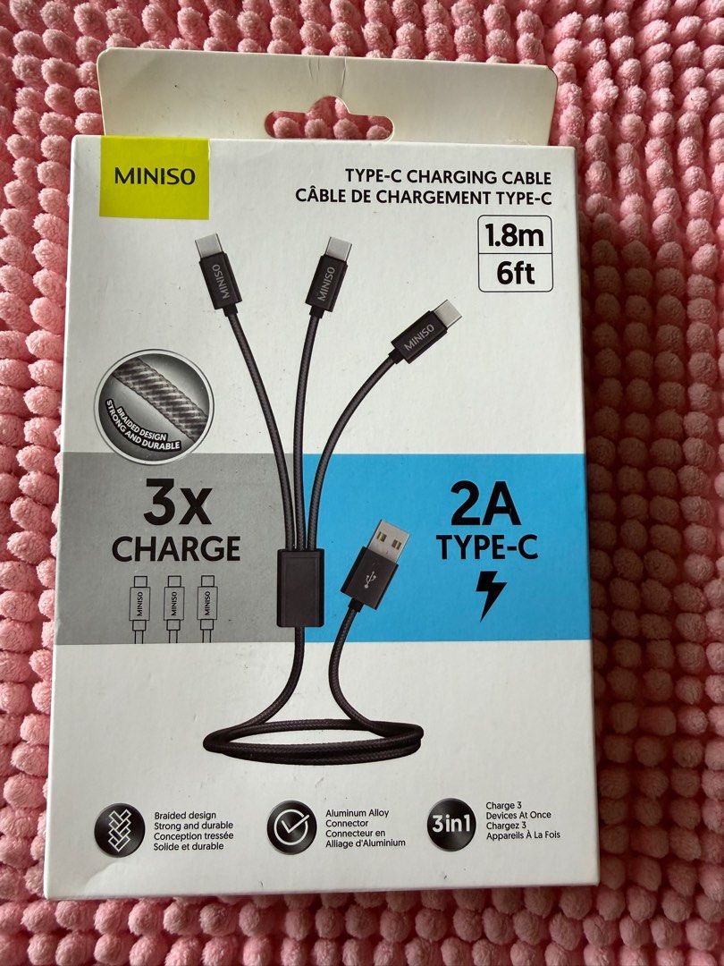 Miniso 3-in-1 Type-C Charging Cable (Category: Chargers & Cables) located in Paranaque City. Submitted by tellimcloset23 (Listing ID 1414935297, Image 2). Description: - 3-in-1 charging cable - Compatible with Type-C devices - Braided design for extra durability - 1.8 meters (6 feet) long - Supports 2A charging - Aluminum alloy connector.