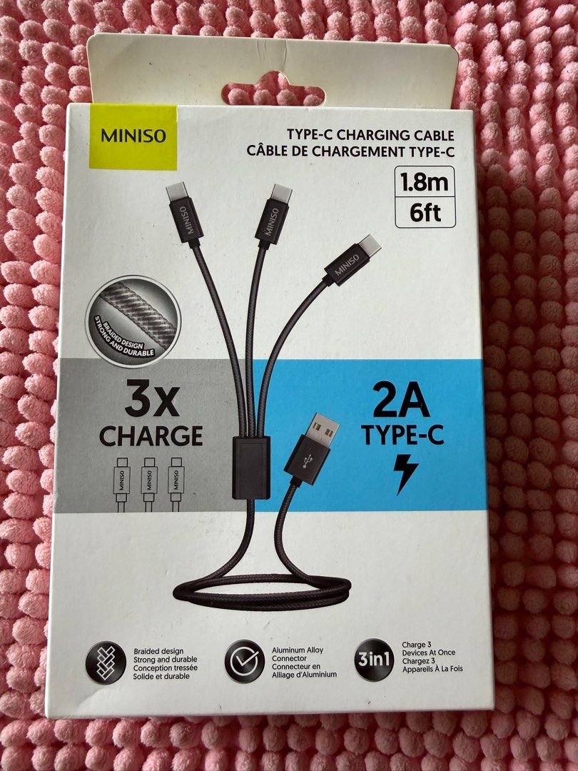 Miniso 3-in-1 Type-C Charging Cable (Category: Chargers & Cables) located in Paranaque City. Submitted by tellimcloset23 (Listing ID 1414935297, Image 1). Description: - 3-in-1 charging cable - Compatible with Type-C devices - Braided design for extra durability - 1.8 meters (6 feet) long - Supports 2A charging - Aluminum alloy connector.