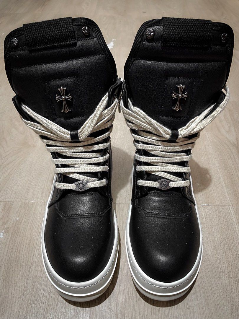 Rick Owens Chromehearts Geobasket (Category: Boots) located in Cabuyao City. Submitted by lackingly (Listing ID 1415020039, Image 1). Description: Rick Owens Chromehearts Geobasket dm for inquiries ₱ (pre-order) ₱ 8,200 shipping included (reps) withbox sizes available 36-45 if halfpayment/dp first 65% minimum eta: 7 days earliest most of the time (2weeks maximum) size on photo is tagged 40 hard rubber sole cow leather cow suede stainless/alloy.