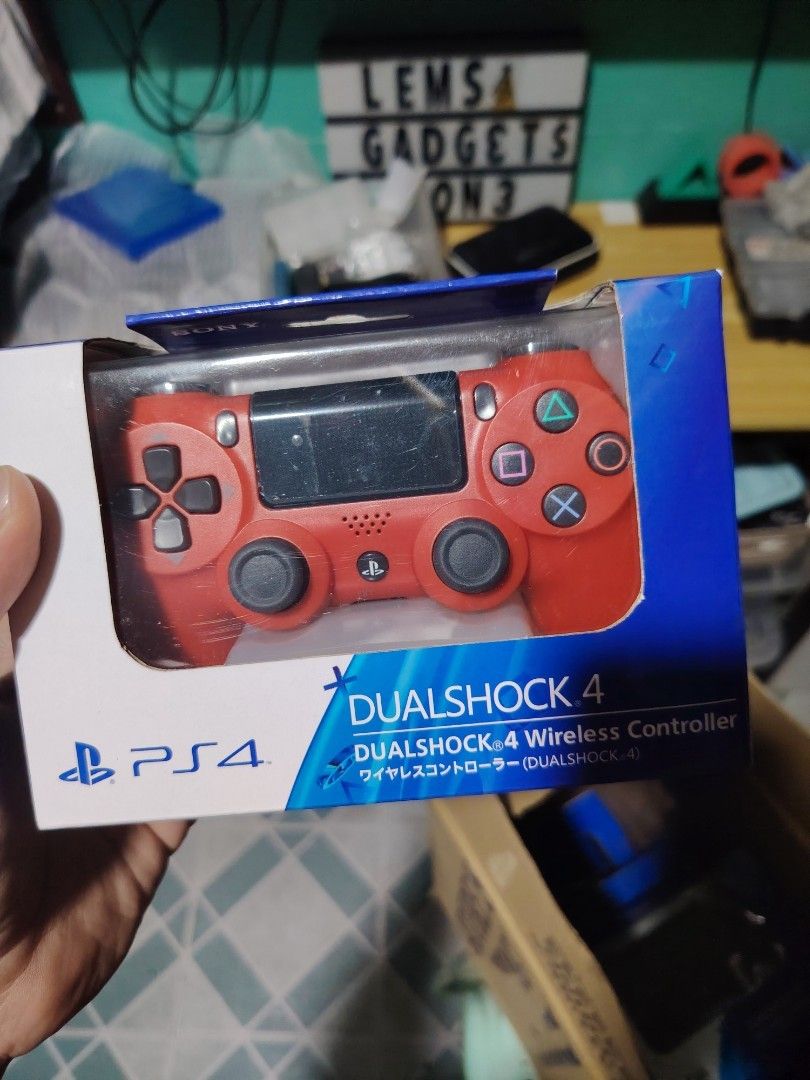 Sony PS4 Dualshock 4 Wireless Controller - Red OEM (Category: Controllers) located in Manila. Submitted by lemsgadgetszone (Listing ID 1414836928, Image 1). Description: - Red Sony Dualshock 4 wireless controller - Compatible with PS4 - Brand new, in original packaging - Standard button layout with touchpad - Includes Dualshock 4 and PS4 logos on the box - Box has Japanese text.
