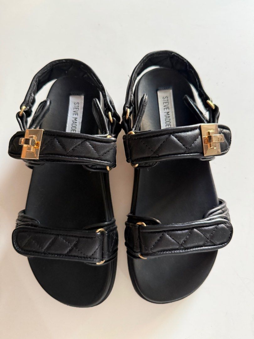 Steve Madden Mona Quilted Sandals Size 8 (Category: Flats & Sandals) located in Pasig City. Submitted by abbyrds (Listing ID 1415014025, Image 1). Description: - Steve Madden sandals - Black color - Size 8 - Quilted strap design - Gold-tone hardware - worn once .