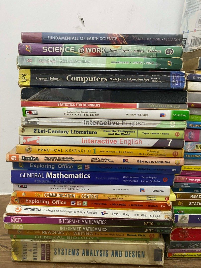 Assorted Educational Books (Category: Textbooks) located in Manila. Submitted by bravedolphin-614f (Listing ID 1415155415, Image 2). Description: - Collection of educational books. - Subjects include physics, mathematics, English, and science. - Titles like "Physics", "Precalculus", "English Spectrum 8", "Science @ Work", and "Oral Communication in Context". - Ideal for students and knowledge seekers. - Titles and editions may vary..