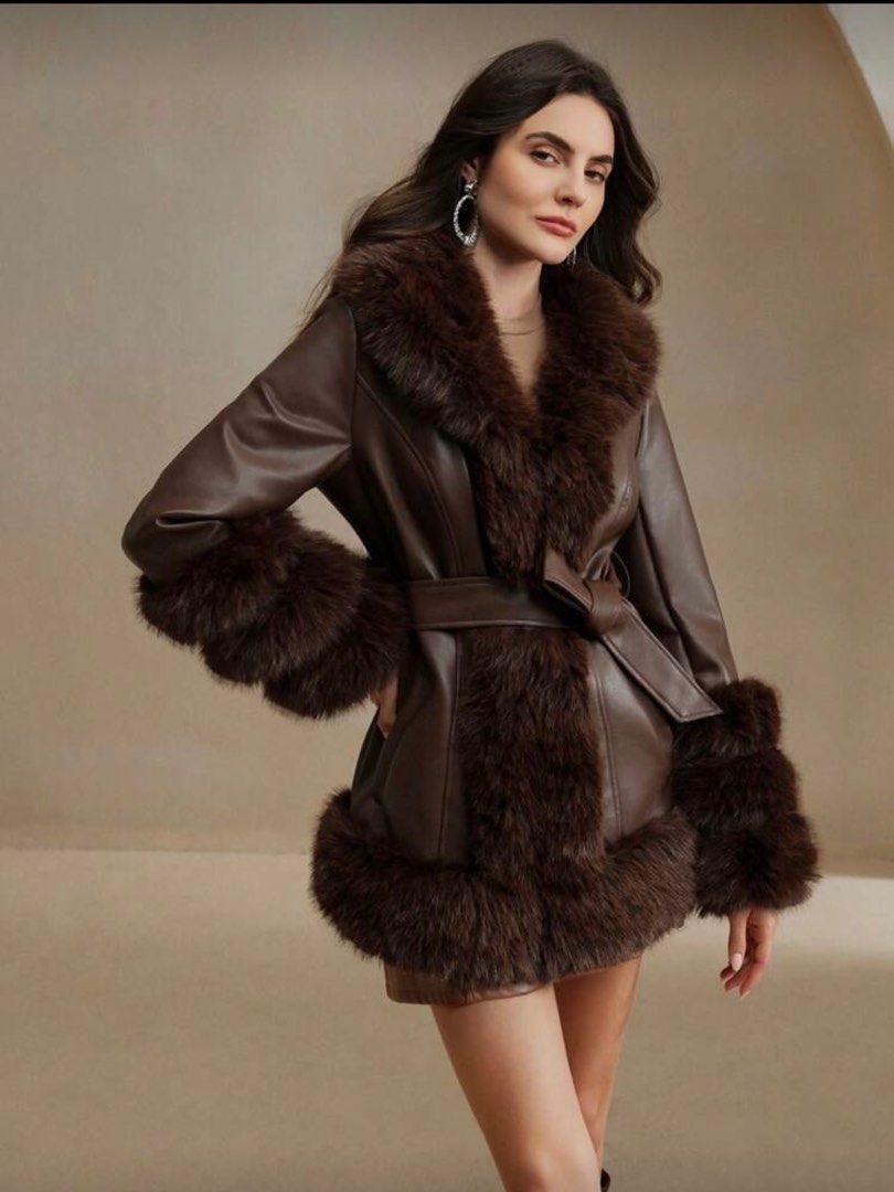 Brown Faux Leather Fur Trim Jacket (Category: Coats, Jackets and Outerwear) located in Apalit. Submitted by trinaaa25 (Listing ID 1415208019, Image 1). Description: - Brown faux leather jacket - Fur trim on collar and cuffs - Belted waist - Classic design - Stylish and warm - USED ONCE - Pm for when worn pic.