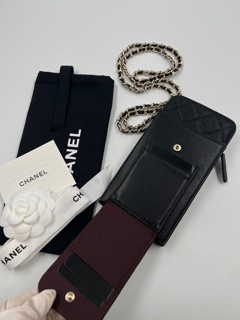 ⚜️Chanel Card / Phone holder (Category: Luxury Bags & Wallets) located in Makati City. Submitted by 90sangel (Listing ID 1415116106, Image 2). Description: •Item: Rare Chanel card/phone holder ⚜️🖤 — Crossbody Bag quilted caviar •Size: Small •Condition: Pristine! Giftable. *Made for everyday use, it has multiple slots 🪪💳for you to neatly arrange your daily necessities. ⚜️🤍 *Very hard to find. 🤍.