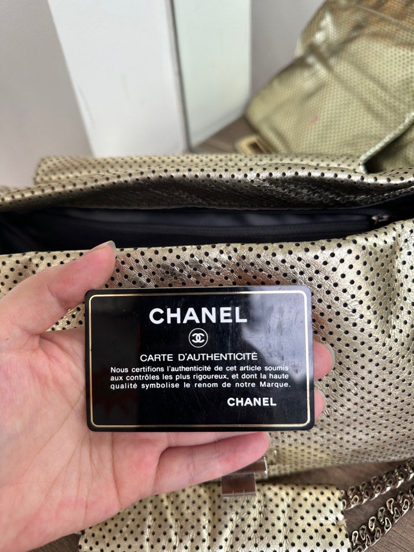 Chanel Perforated Leather Shoulder Bag (Category: Luxury Bags & Wallets) located in Quezon City. Submitted by alysstrade (Listing ID 1415114118, Image 3). Description: - Authentic Chanel shoulder bag - Gold perforated leather - Chain strap - Flap closure with logo detail - Main compartment - Slip pocket - Includes authenticity card - Made in Italy.