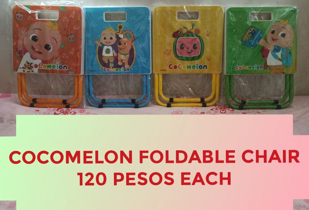 Cocomelon Foldable Chair (Category: Kids Tables & Chairs) located in Caloocan City. Submitted by caramelann14 (Listing ID 1415071809, Image 1). Description: Cocomelon foldable chairs featuring different characters. Each chair is priced at 120 pesos. These chairs are perfect for kids. They are lightweight and easy to carry. The chairs are foldable, making them easy to store when not in use. Great for indoor and outdoor use..