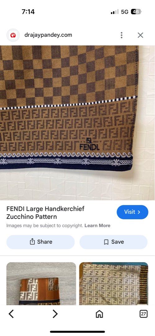 FENDI Zucchino FF Monogram Pattern Handkerchief (Category: Luxury Accessories) located in Manila. Submitted by rarefindsgallery (Listing ID 1415157940, Image 3). Description: FENDI Zucchino Pattern Handkerchief Size: 19”x 19” Material: 💯 fine woven cotton Embroidered logo Authentic Made in Japan 🇯🇵 This is a vintage Fendi brown handkerchief featuring the FF Zucca monogram logo and a striped/checkered pattern. .