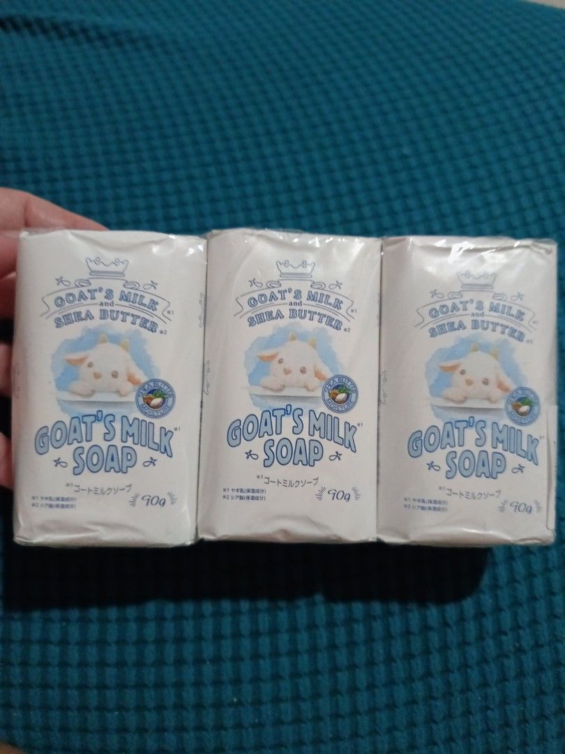 Goat's Milk Soap with Shea Butter (Category: Bath) located in Las Pinas. Submitted by mamiby17 (Listing ID 1415071283, Image 1). Description: -6 bars Goat's Milk Soap with Shea Butter - Made in Malaysia - Recommended by PPIH of Japan - Adorable goat illustration on packaging - Each bar: 90g - Individually wrapped.