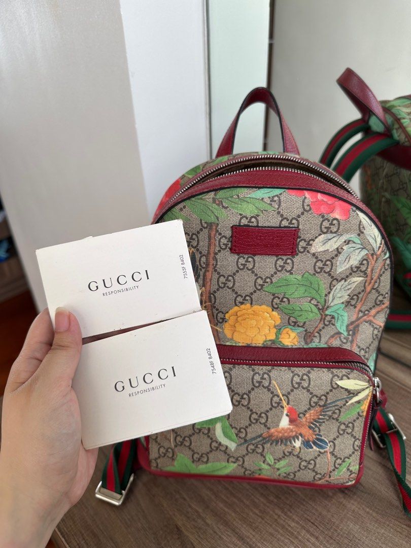 Gucci Tian GG Supreme Backpack (Category: Luxury Bags & Wallets) located in Quezon City. Submitted by alysstrade (Listing ID 1415114425, Image 3). Description: - Authentic Gucci backpack - Tian GG Supreme print - Red leather trim and straps - Green and red stripe detail - Red leather interior - Includes authenticity cards - Comes with original box.