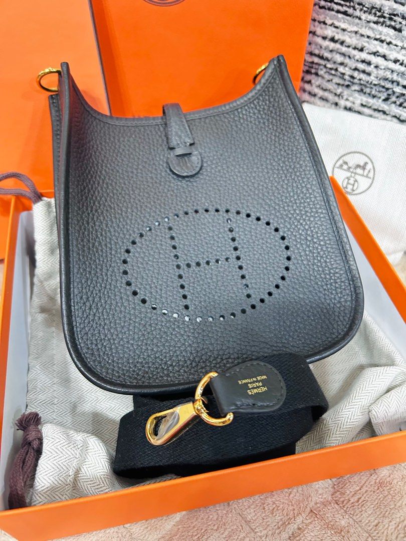 💯 Hermes Evelyne TPM Black (Category: Luxury Bags & Wallets) located in Binan City. Submitted by iamptetty (Listing ID 1415065255, Image 1). Description: - Authentic Hermes Evelyne TPM - Classic black color - Features the iconic perforated H logo - Includes black canvas strap with gold hardware - Comes with original box and dust bag - Made in France.