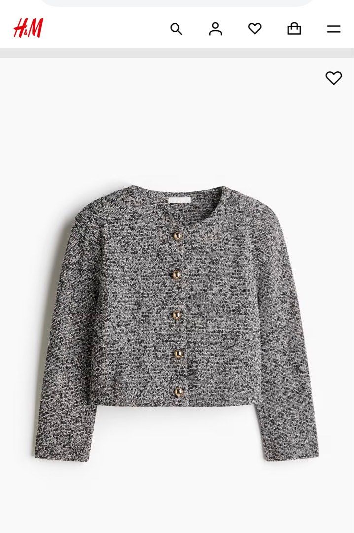 H&M Tweed Cropped Grey Long sleeve (Category: Coats, Jackets and Outerwear) located in Taguig. Submitted by httpgrant (Listing ID 1415223253, Image 1). Description: - USED ONCE - GOOD AS NEW - Bought for OG PRICE 1,495 - H&M tweed jacket - Cropped design - Round neckline - Long sleeves - Gold-colored button closure - Versatile for various outfits.
