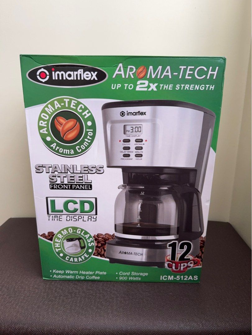 Imarflex Aroma-Tech Coffee Maker (ICM-512AS) (Category: Coffee Machines & Makers) located in Paranaque City. Submitted by MoonMomma.ph (Listing ID 1415055186, Image 1). Description: Description: - Electric Coffee Maker / Coffee Machine - Automatic Drip Coffee Maker - LED Time Display - Aroma-tech Aroma Control - Up to 2x Coffee Strength - Thermo-glass Carafe - 12 Cups Capacity - Keep-warm Heater Plate - Washable / Reusable Coffee Filter Basket - 