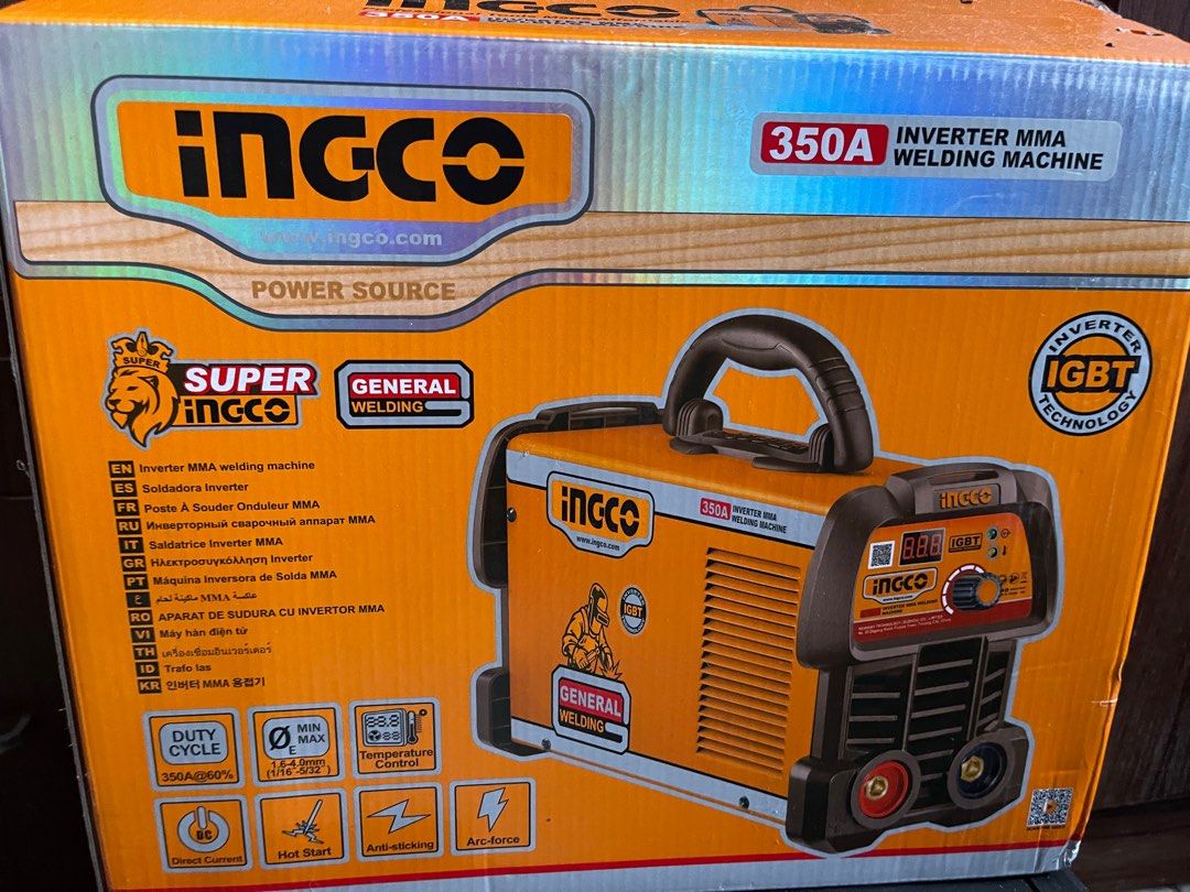 Ingco 350A Inverter MMA Welding Machine (Category: Construction Tools & Equipment) located in Makati City. Submitted by paulmirabueno (Listing ID 1415116604, Image 1). Description: Ingco 350A Inverter MMA Welding Machine for general welding. Features IGBT technology, direct current, hot start, and anti-sticking functions. Includes welding cables and accessories. Operates on 220-240V. Made in China. Model IND-MMA350SP. Maximum output of 350A. 6000
