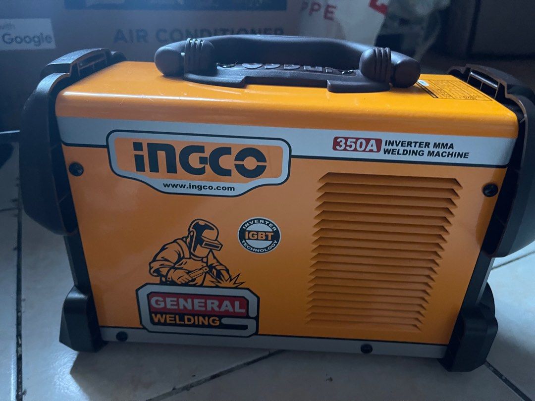 Ingco 350A Inverter MMA Welding Machine (Category: Construction Tools & Equipment) located in Makati City. Submitted by paulmirabueno (Listing ID 1415116604, Image 3). Description: Ingco 350A Inverter MMA Welding Machine for general welding. Features IGBT technology, direct current, hot start, and anti-sticking functions. Includes welding cables and accessories. Operates on 220-240V. Made in China. Model IND-MMA350SP. Maximum output of 350A. 6000