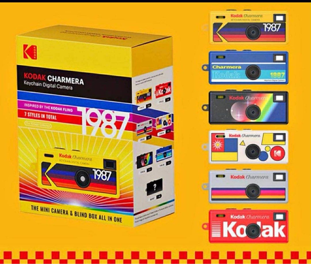 Kodak Charmera Keychain Digital Camera (Category: Cameras) located in Manila. Submitted by closetbyjanine (Listing ID 1415045611, Image 1). Description: Kodak Charmera is a mini keychain digital camera inspired by the Kodak Fling. It comes in 7 styles and includes 7 photo filters and 4 photo frames. The box indicates it is a blind box, with one camera inside. It has a USB-C charging port. The camera is from 1987..