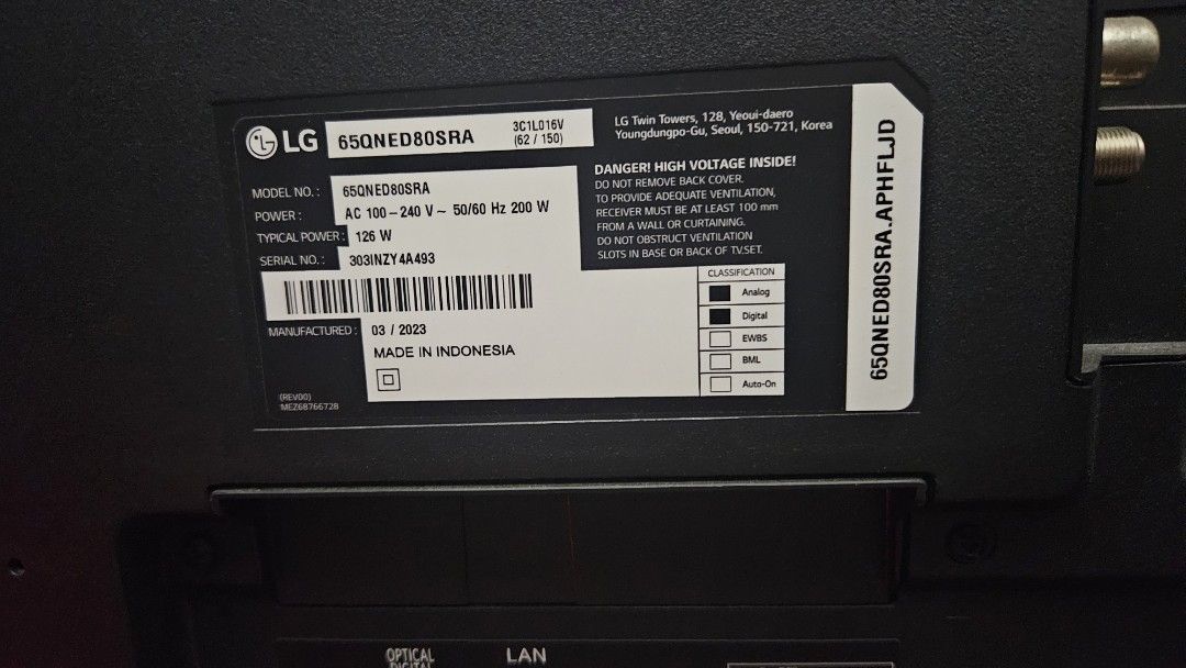LG 65QNED80SRA Smart TV (Category: TV) located in Las Pinas. Submitted by elynanne24 (Listing ID 1415166605, Image 2). Description: Used LG 65QNED80SRA for sale for only P60,000.00 Brand: LG QNED Smart TV Comes with box and remote control Seldom used for pick-up only Village near Las Piñas Doctors Hospital If for shipping, buyer will book and pay for shipping. Message me for more info. Thank you and God bless..