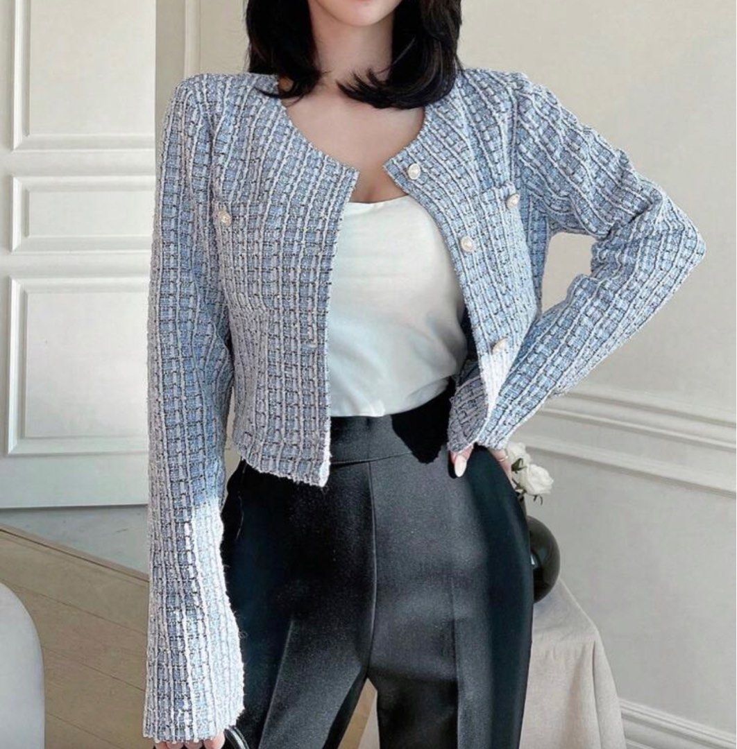 Light blue Tweed Cropped Jacket (Category: Coats, Jackets and Outerwear) located in Taguig. Submitted by httpgrant (Listing ID 1415222160, Image 1). Description: - Light blue and white tweed fabric - Round neckline - Long sleeves - Decorative gold buttons - Cropped length - Perfect for layering - Dress up or down.