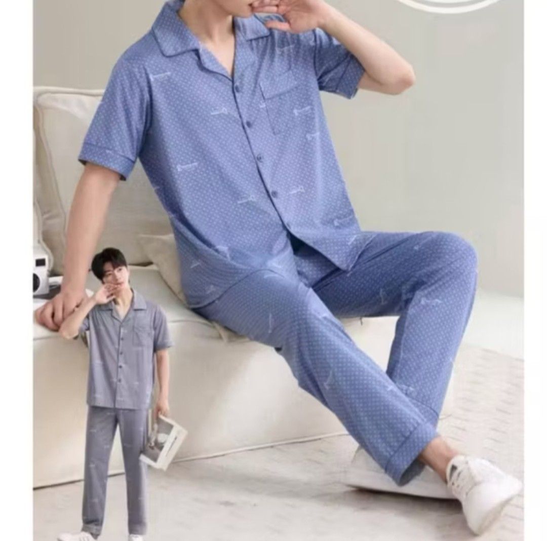 Men's Short Sleeve Pajama Set (Category: Sleep and Loungewear) located in Manila. Submitted by avaclothingph (Listing ID 1415237194, Image 2). Description: - Men's pajama set - Includes short-sleeved button-down shirt and matching pants - Available in various patterns: checkered, dotted, patterned - Features a collared neckline and chest pocket - Relaxed fit pants - Made from lightweight fabric for comfortable wear.