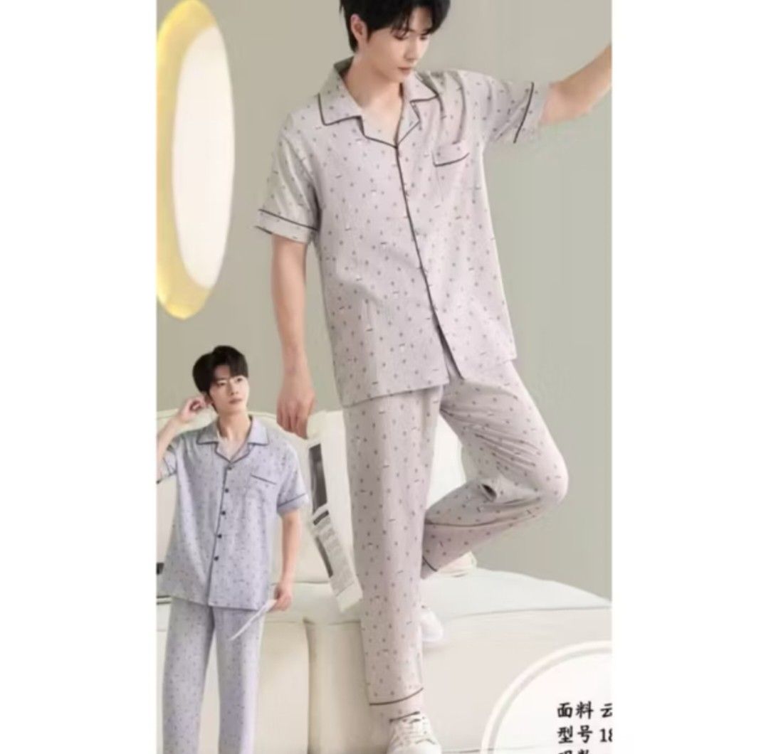 Men's Short Sleeve Pajama Set (Category: Sleep and Loungewear) located in Manila. Submitted by avaclothingph (Listing ID 1415237194, Image 3). Description: - Men's pajama set - Includes short-sleeved button-down shirt and matching pants - Available in various patterns: checkered, dotted, patterned - Features a collared neckline and chest pocket - Relaxed fit pants - Made from lightweight fabric for comfortable wear.