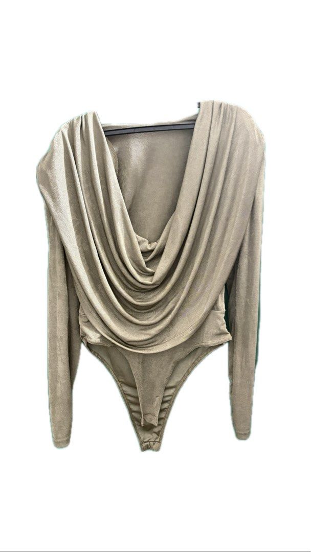 Olive Green Drape Bodysuit (Category: Sleeveless) located in Taguig. Submitted by httpgrant (Listing ID 1415221768, Image 3). Description: - USED ONCE - Olive green bodysuit - Draped neckline - Long sleeves - Thong back - Shoulder pads - Slight sheen fabric - Solid color - Suitable for various occasions.